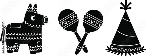 Pinata, maracas, and party hat in black and white on transparent background