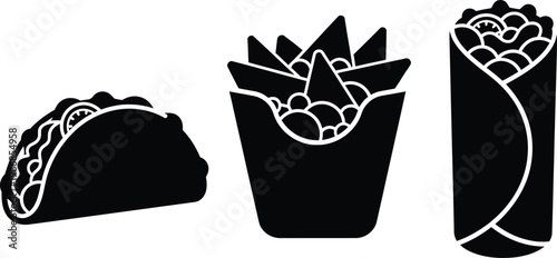 Mexican food including taco, burrito, and nachos with cheese and chili peppers