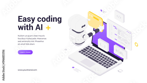 Modern isometric banner template showing robot assistant with coding screen and laptop, surrounded by programming symbols, technology icons and innovation elements for AI learning platforms