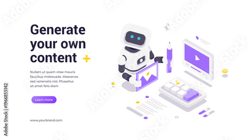 Modern isometric vector banner template with robot generating multimedia content, including images and video, surrounded by creative icons, technology symbols and innovation elements for AI platforms