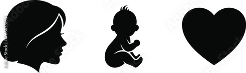 Minimalist silhouette of woman profile baby and large heart shape art