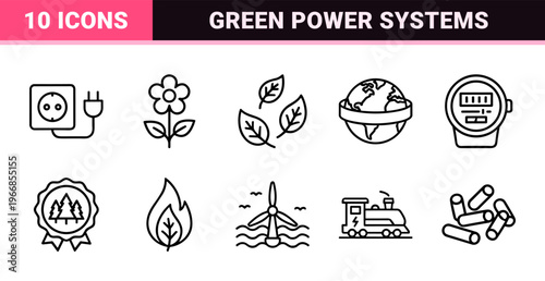 Sustainable Energy and Environmental Conservation Linear Graphics: Ultra-minimalist Monoline Geometric Outlines for Green Technology and Ecology.