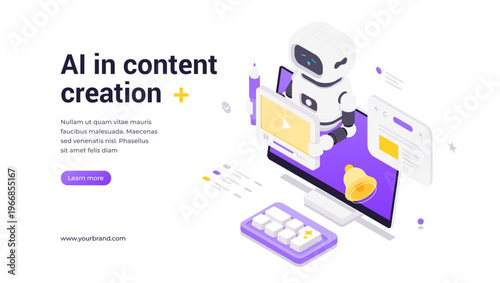 Creative isometric vector banner template with robot assistant holding video player, surrounded by multimedia icons, digital effects and technology elements, perfect for AI video production platforms