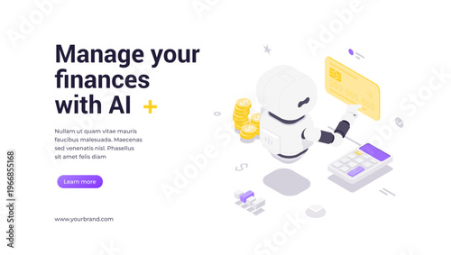 Modern isometric vector banner template showing robot with bank card, coins and calculator, surrounded by finance icons, charts and technology elements, perfect for AI fintech platforms and services.