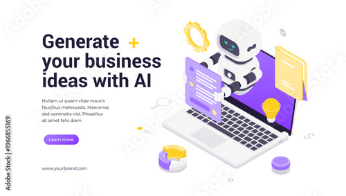 Creative isometric vector banner template with robot assistant generating business ideas using laptop, documents and charts, surrounded by innovation icons and digital elements for AI platforms