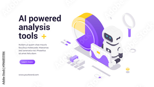 Isometric vector banner template featuring robot with analytics charts and digital diagrams, representing artificial intelligence tools for data analysis, finance, research and innovative platforms