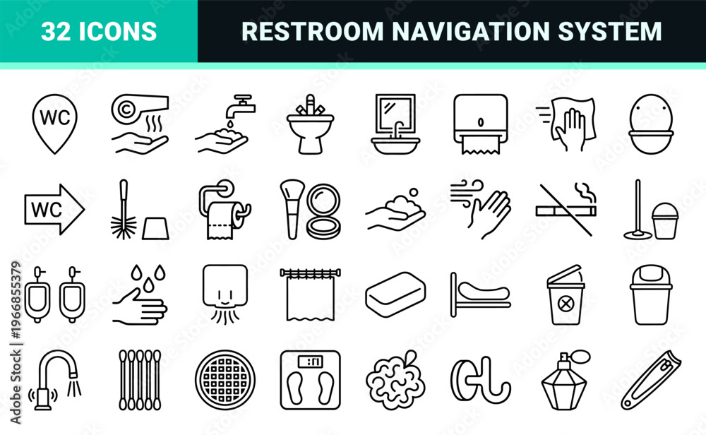 Naklejka premium Public Restroom and Personal Hygiene Wayfinding Signage System Featuring Ultra Minimalist Monoline Geometric Line Art for Commercial Navigation