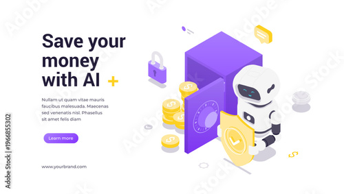 Isometric vector banner template showing robot holding shield near safe with coins and locks, representing artificial intelligence, digital security, finance protection, technology, and innovation.