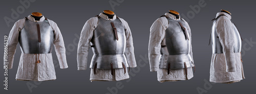 Steel medieval cuirass shown in multiple angles over a quilted gambeson, highlighting its polished plates and leather fastenings.