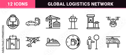 Urban Mobility and Global Logistics Thin Line Art Representing Public Transit, Electric Vehicles, and Industrial Shipping Infrastructure.
