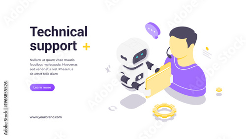 Isometric vector banner template featuring robot assisting operator, surrounded by chat clouds, gears, lightbulbs and technology icons, symbolizing AI-based technical support and innovation solutions