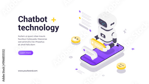 Isometric vector banner template featuring robot on smartphone, surrounded by message icons, stars, and lines, symbolizing AI chatbot, automation, communication, and modern technology solutions
