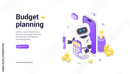 Isometric vector banner template featuring robot with calculator and financial charts, surrounded by coins and graphs, symbolizing AI budget planning, automation, and modern financial solutions