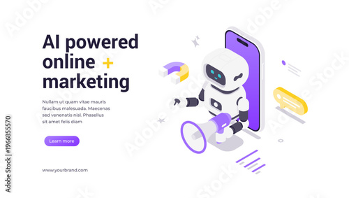 Isometric vector banner template featuring robot with megaphone emerging from smartphone, surrounded by symbols of communication and marketing, illustrating AI-powered online marketing solutions