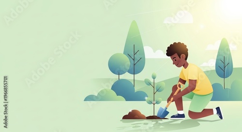 Young African American boy planting a tree in a green park on a sunny day, copy space  
