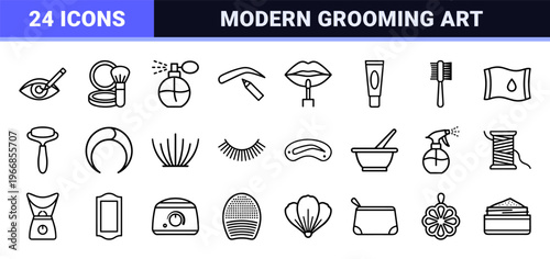 Professional Cosmetics and Facial Grooming Line Art; Ultra-minimalist Monoline Geometric Outlines for Beauty Services and Esthetician Tools.