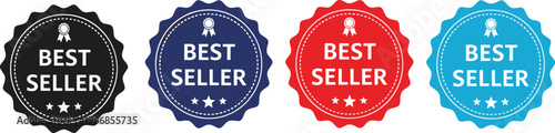 Vector illustration of circular best seller badges in black, dark blue, red, and light blue colors with ribbon and star design