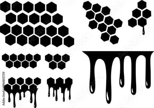 Black Honeycomb Patterns and Dripping Honey White Background hexagon