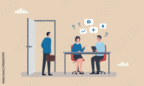 Exit interview together leaving or resignation, staff suggestion to HR human resources concept, resigned businessman employee about to leave the door with interview conversation