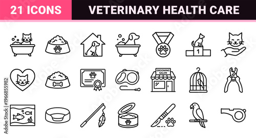 Pet Care and Veterinary Services Ultra-Minimalist Monoline Outline Icons for Domestic Animal Health Grooming and Wellness Digital Applications