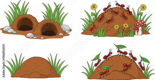 Ant Hill Cartoon Illustration Set Featuring Underground Nest Mounds with Tunnels Grass Mushrooms and Busy Ant Colonies Nature Vector Collection