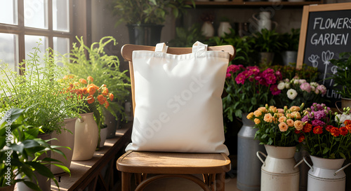 Minimalist white blank tote bag mockup on wooden chair surrounded by plants flowers in flower shop concept of aesthetic eco style reuse natural cotton canvas shopper great for brand promotion tote bag