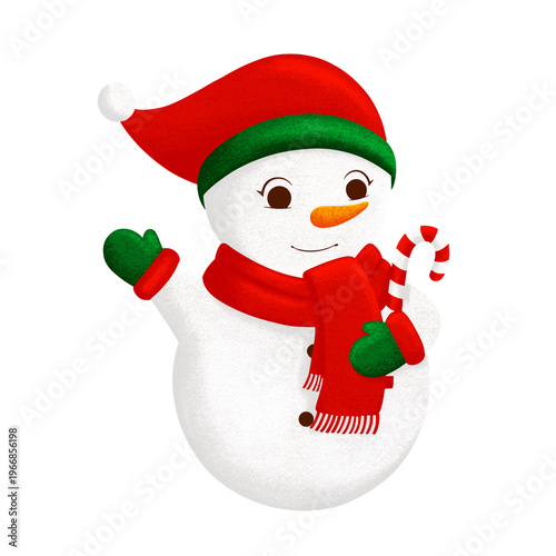 A friendly cartoon snowman wears a red hat, scarf, and green mittens. It holds a striped candy cane, perfect for holiday greetings.