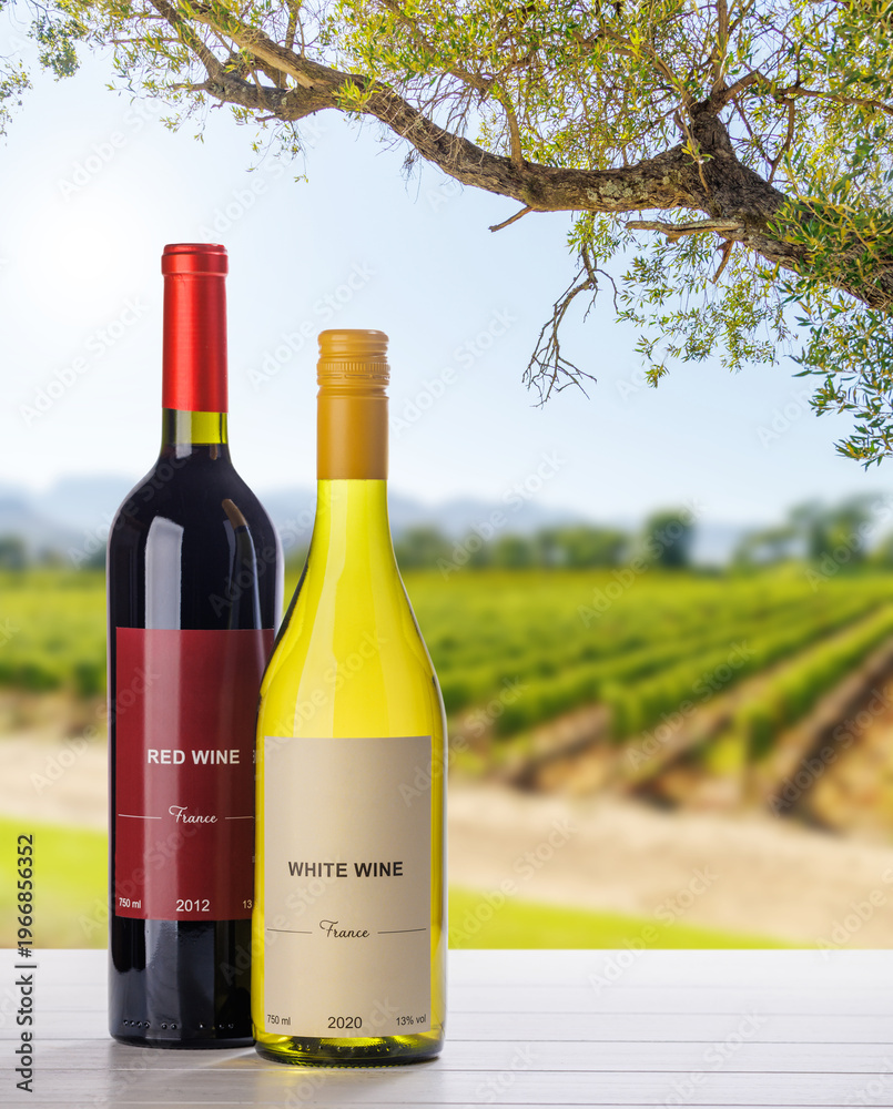 Fototapeta premium Wine bottles mockup in sunlit vineyard