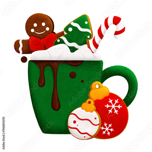A delightful holiday illustration of a green mug of hot chocolate, topped with a gingerbread man, tree cookie, and candy cane. Two festive ornaments are at its base.