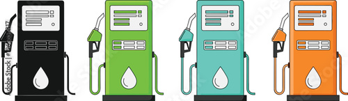 Vector illustration of four modern fuel pumps in black, green, cyan, and orange colors with droplet symbols and simplified design.