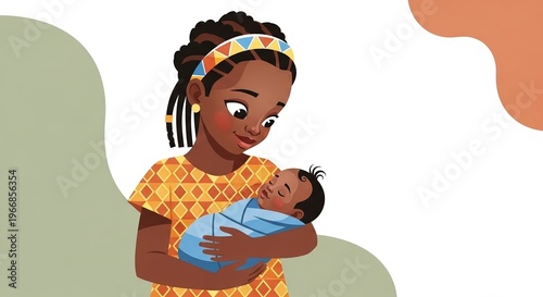 African American girl holding newborn baby and smiling on pastel background, copy space  