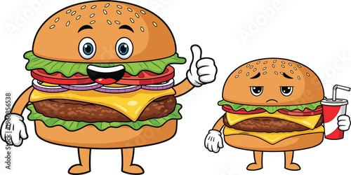 Cartoon Burger Characters Set with Happy and Sad Fast Food Mascots Holding Soda Drink Cute Cheeseburger Illustration for Junk Food Branding Design