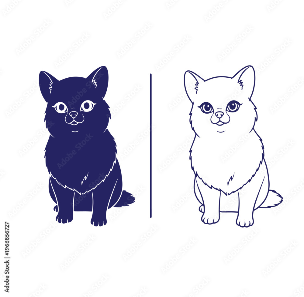Obraz premium Two cute cartoon cats sitting side by side on white background looking straight ahead