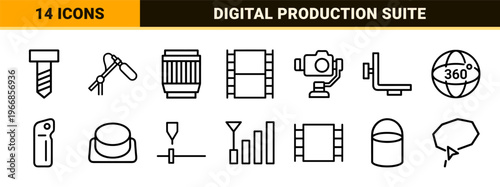 Multimedia Production and Digital Photography Ultra-Minimalist Geometric Outline Icon Set for Cinematography and Professional Media Apps