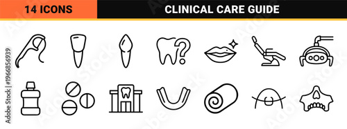 Ultra-minimalist dental healthcare line art icons featuring geometric teeth, clinical tools, and hygiene symbols in a clean black vector outline.