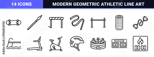 Sports and Athletics Ultra-minimalist Monoline Icon Set featuring Geometric Line Art Outlines for Professional Fitness and Recreation Design.