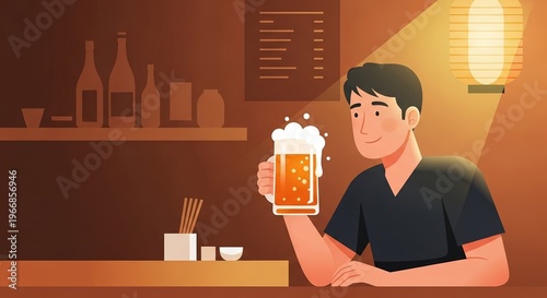 Young Asian man enjoying a beer while seated at a bar counter  