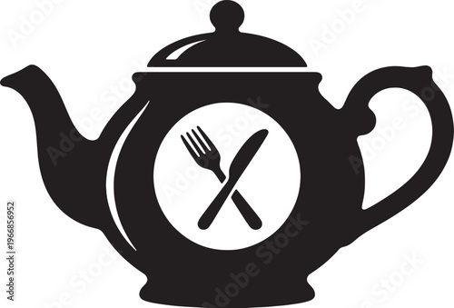 Ornate teapot silhouette icon with fork and knife restaurant logo for tea time and breakfast