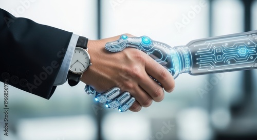 Businessperson and Robot Handshake in Modern Office, AI Technology Collaboration, Close-Up View of Futuristic Innovation Concept