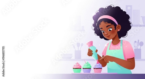 Young African American girl decorating cupcakes in a kitchen with pastel colors, copy space  