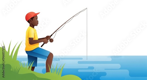 Young African American boy fishing from riverbank with grass and water background, copy space  