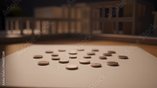 Architectural Model and Coins Arranged on Paper