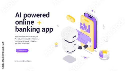 Isometric vector banner template featuring robot holding credit card near smartphone with charts and icons, representing AI-powered online banking, secure digital transactions and financial automation