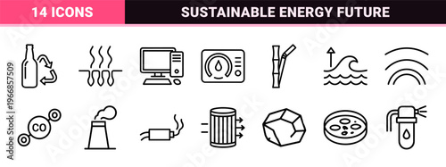 Sustainable Energy and Environmental Conservation Ultra-Minimalist Monoline Icon Set featuring Geometric Green Technology and Climate Science Outlines