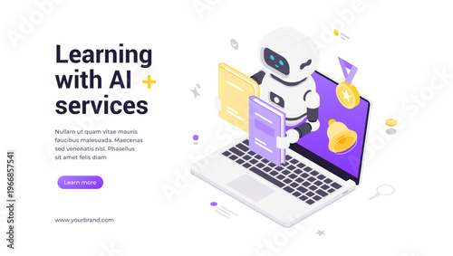 Isometric banner template featuring robot holding books near laptop with icons and educational elements, representing AI-powered learning services, skill development, and innovative technology