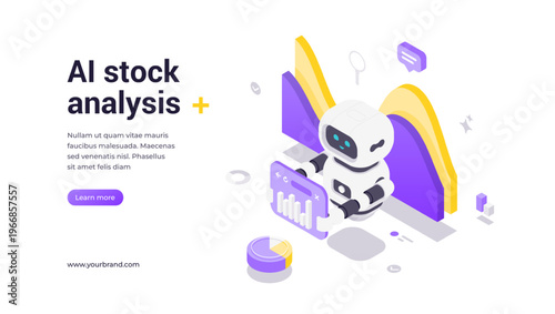 Isometric banner template featuring robot analyzing stock charts on tablet with financial data, highlighting AI-powered market analysis and technology solutions for investment and trading platforms
