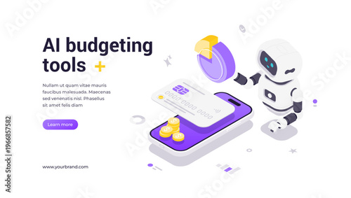 Isometric vector banner template featuring robot holding a pie chart near smartphone with coins and financial icons, emphasizing AI-powered budgeting, analytics, and money management solutions