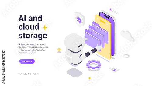 Isometric vector banner template featuring robot managing cloud storage with folders on smartphone, highlighting AI-powered data management, file organization, and technology automation solutions