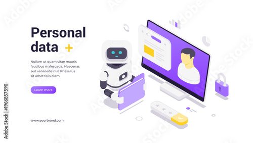 Isometric banner template featuring robot holding a folder in front of computer with human icon, emphasizing AI-powered personal data protection, privacy management and secure technology solutions