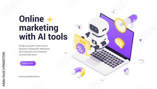Isometric banner template featuring robot holding a digital panel in front of laptop, emphasizing AI-powered online marketing, automation, analytics, and technology-driven business strategy solutions